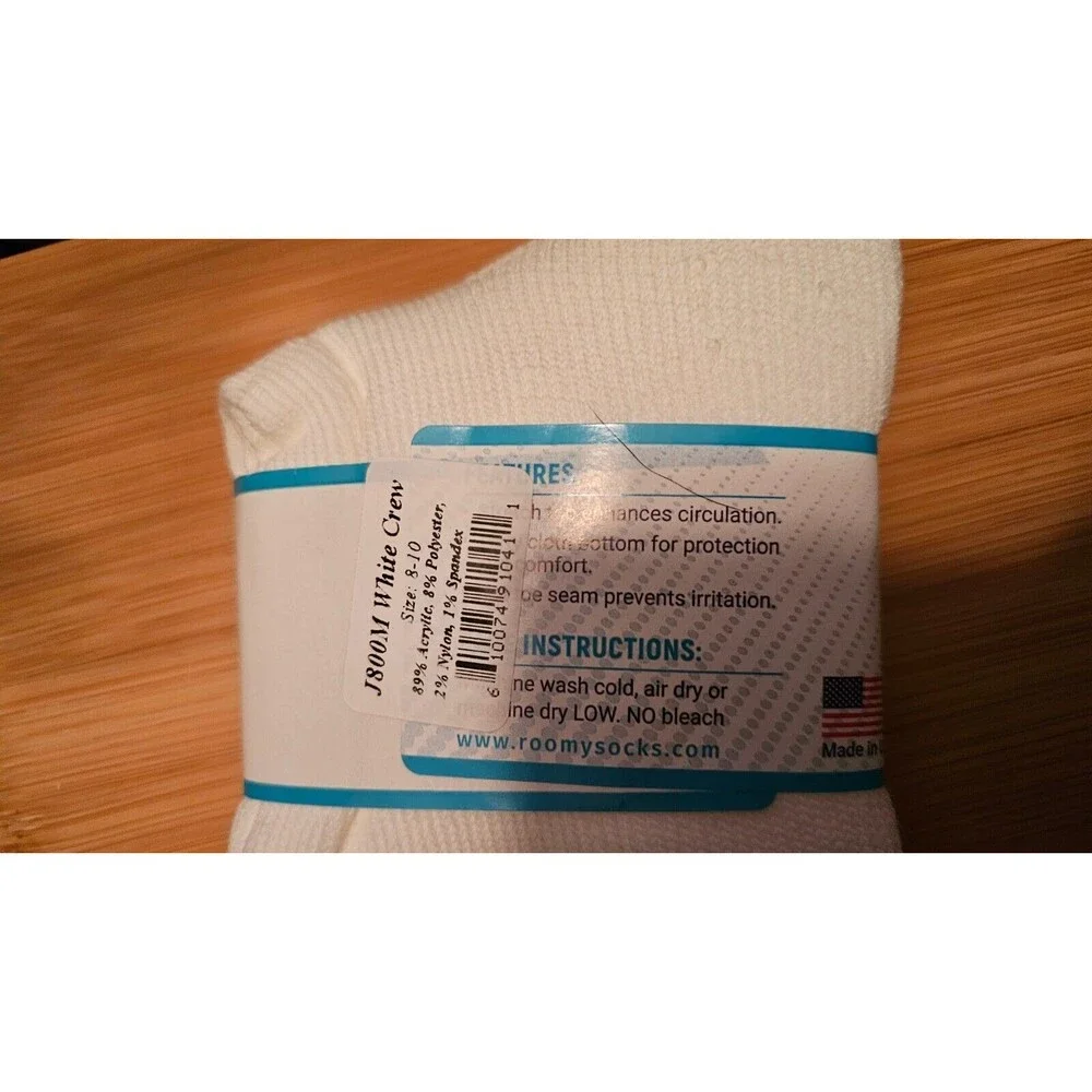 Roomy Extra Roomy Diabetic White Crew Socks Quantity 3 Sizes 8-10 J800M NEW